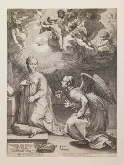 Zwiastowanie, z serii „Życie Marii Dziewicy” autorstwa Hendrick Goltzius