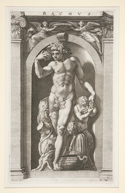Bachus, nr 7 z serii Ośmiu antycznych bogów autorstwa Hendrick Goltzius