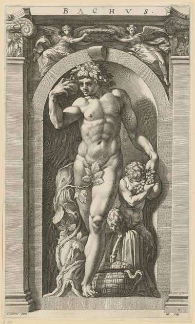 Bachus, arkusz 7 z serii „Osiem starożytnych bóstw” autorstwa Hendrick Goltzius