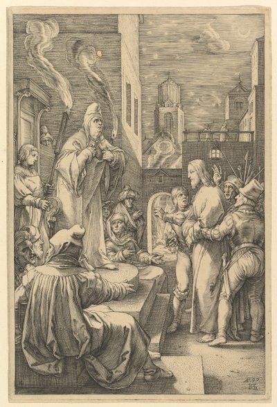 Chrystus przed Kajfaszem, z „Męki Chrystusa” autorstwa Hendrick Goltzius
