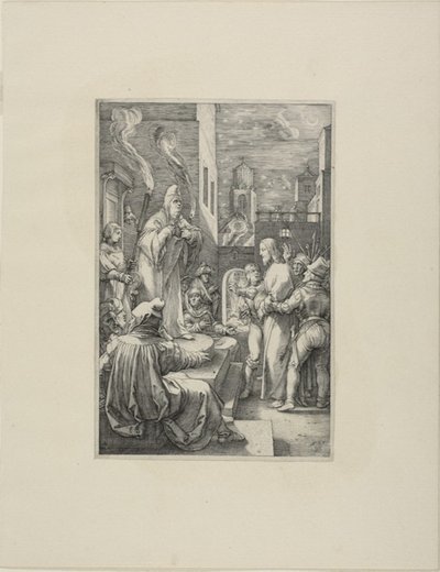 Chrystus przed Kajfaszem, płyta czwarta z Męki Chrystusa autorstwa Hendrick Goltzius