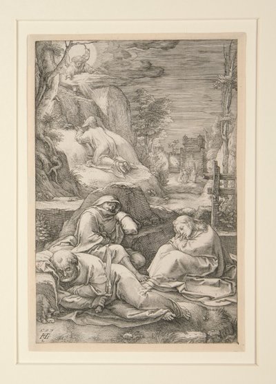 Chrystus na Górze Oliwnej (Agonia w ogrodzie) , z Męki Pańskiej, nr 2 z serii 12 rycin autorstwa Hendrick Goltzius