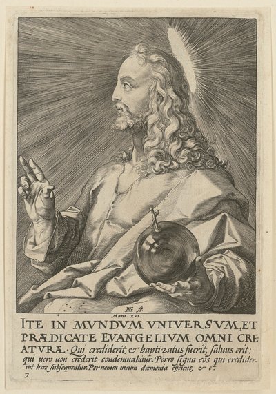 Chrystus jako Salvator Mundi, plansza 7 z cyklu „Chrystus, dwunastu apostołów i Paweł” autorstwa Hendrick Goltzius