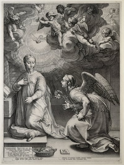 Zwiastowanie Wczesne życie Maryi (tytuł serii) Arcydzieła (tytuł serii) autorstwa Hendrick Goltzius