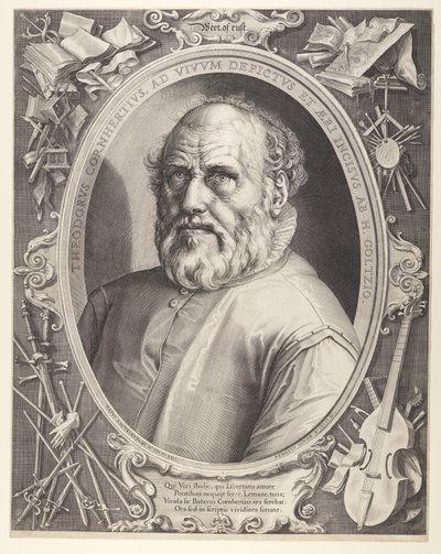 Dirck Volkertsz. Coornhert (z ramką) autorstwa Hendrick Goltzius
