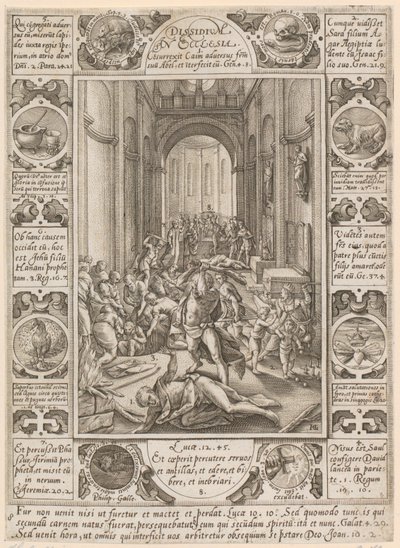 „Dissidium in Ecclesia”, arkusz 8 z cyklu „Alegorie wiary chrześcijańskiej” autorstwa Hendrick Goltzius