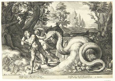 Smok pożera towarzyszy Kadmosa autorstwa Hendrick Goltzius