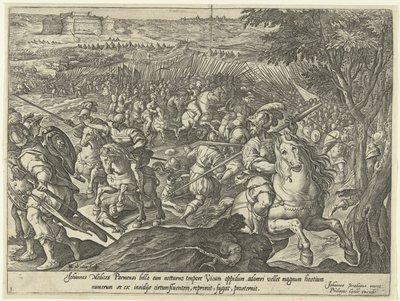 Zasadzka na Giovanniego Medyceusza udaremniona Historia Giovanniego de” Medici (zwanego „dalle Bande Nere”) (tytuł serii) autorstwa Hendrick Goltzius