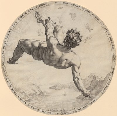 „Upadek Faetona”, strona 3 serii „Czterej zdobywcy niebios” autorstwa Hendrick Goltzius