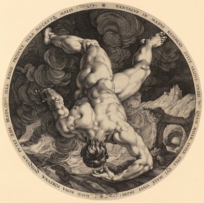 Upadek Tantala, plansza 1 z cyklu „Czterej szturmujący niebo" autorstwa Hendrick Goltzius