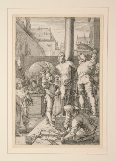 Biczowanie Chrystusa z Męki Pańskiej, nr 6 z serii 12 rycin autorstwa Hendrick Goltzius