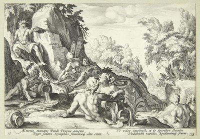Bóg rzeki Peneus otoczony innymi boskimi postaciami autorstwa Hendrick Goltzius
