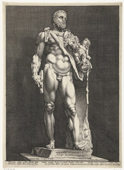 Herkules i Telefos Cesarz Kommodus jako Herkules Trzy antyczne posągi w Rzymie (tytuł serii) autorstwa Hendrick Goltzius