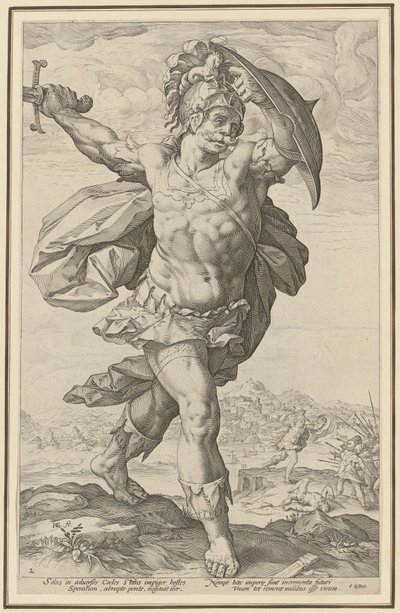 Horatius Cocles, arkusz 2 z serii „Bohaterowie rzymscy” autorstwa Hendrick Goltzius