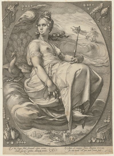 Junona, plansza 3 z serii „Trzy boginie” autorstwa Hendrick Goltzius
