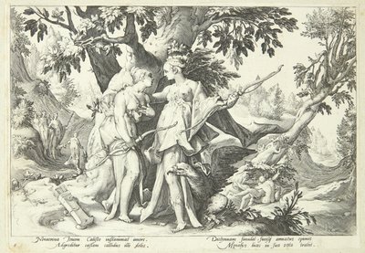 Jupiter przebrany za Dianę uwodzi Kallisto autorstwa Hendrick Goltzius