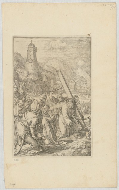 Niesienie krzyża, arkusz 9 z cyklu „Pasja” autorstwa Hendrick Goltzius