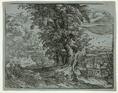 Pejzaż z Parą Pasterzy, z Czterech Małych Pejzaży autorstwa Hendrick Goltzius