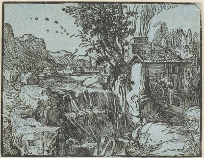 Krajobraz z Wodospadem, z Czterech Małych Krajobrazów autorstwa Hendrick Goltzius