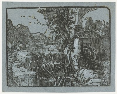 Krajobraz z wodospadem Cztery małe pejzaże (tytuł serii) autorstwa Hendrick Goltzius