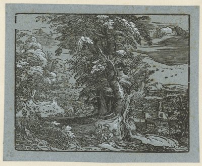 Krajobraz z siedzącą parą Cztery małe pejzaże (tytuł serii) autorstwa Hendrick Goltzius