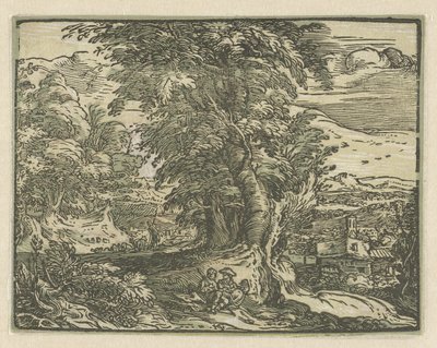 Krajobraz z siedzącą parą Cztery małe pejzaże (tytuł serii) autorstwa Hendrick Goltzius