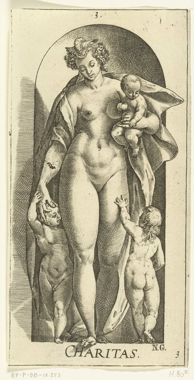 Miłość Dobroczynność (tytuł na obiekcie) Siedem cnót (tytuł serii) autorstwa Hendrick Goltzius