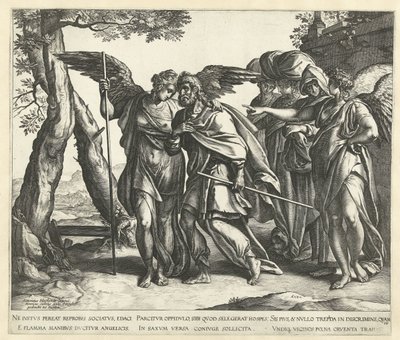 Lot ucieka z Sodomy z żoną i córkami autorstwa Hendrick Goltzius