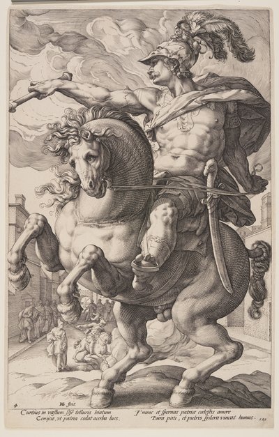 Marcus Curtius na koniu, z filmu "The Roman Heroes autorstwa Hendrick Goltzius