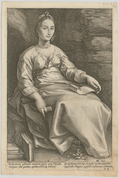 Melpomene, arkusz 3 z serii „Dziewięć muz” autorstwa Hendrick Goltzius