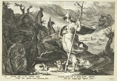 Minerwa każe zazdrość napełniać serce Agraulosa zazdrością autorstwa Hendrick Goltzius