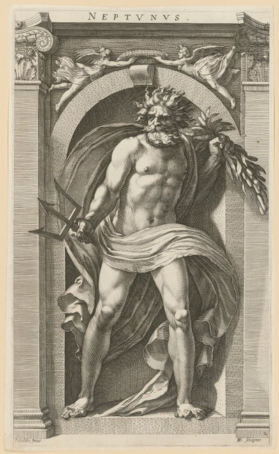 Neptun, arkusz 2 z serii „Osiem starożytnych bóstw” autorstwa Hendrick Goltzius