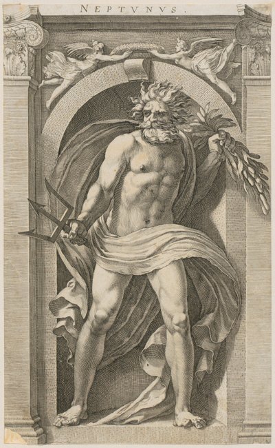 Neptun, arkusz 2 z serii „Osiem starożytnych bóstw” autorstwa Hendrick Goltzius