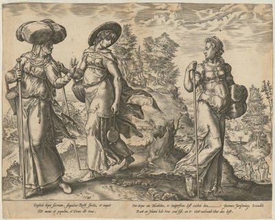 Orpa opuszcza Rut i Noemi [strona 1] oraz Rut na polu przed Boazem [strona 2], strony 1 i 2 serii „Historia Rut” autorstwa Hendrick Goltzius