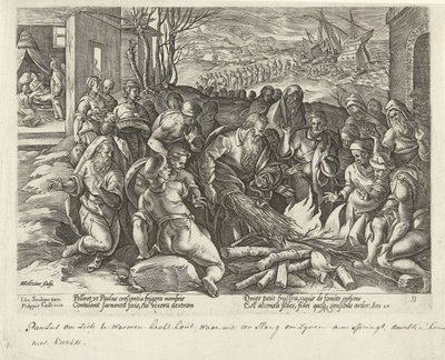 Paul zostaje ugryziony przez żmiję na Malcie Dzieje Apostolskie (tytuł serii) Acta Apostolorum (tytuł serii) autorstwa Hendrick Goltzius