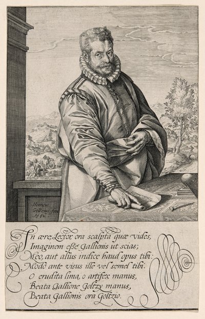 Philips Galle (1537-1612), uczeń Coornherta z Haarlem, grawer i wydawca w Antwerpii od 1570; Chrzest eunucha w tle po lewej stronie autorstwa Hendrick Goltzius