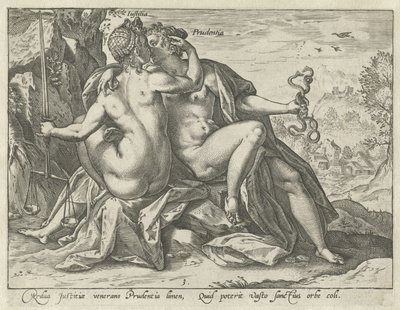 Sprawiedliwość i roztropność (Justitia / Prudentia) Zjednoczone cnoty (tytuł serii) autorstwa Hendrick Goltzius