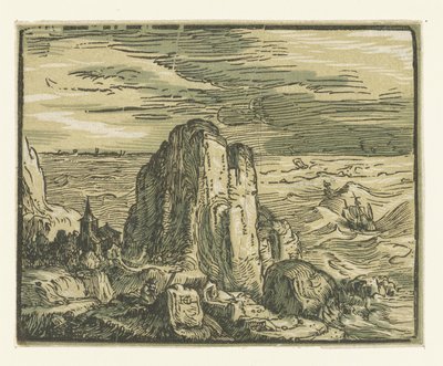 Skała na wybrzeżu Cztery małe pejzaże (tytuł serii) autorstwa Hendrick Goltzius