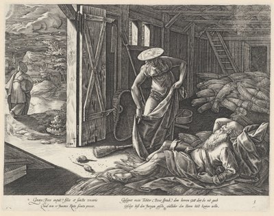 Rut i Boaz w spichlerzu Historia Rut (tytuł serii) autorstwa Hendrick Goltzius