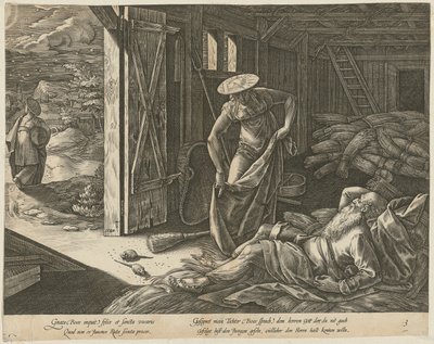 Rut i Boaz w stodole, strona 3 serii „Historia Rut” autorstwa Hendrick Goltzius