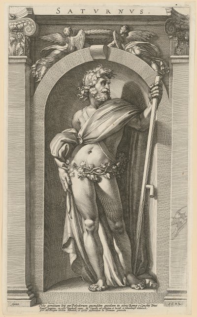 Saturn, karta 1 z serii „Osiem antycznych bóstw” autorstwa Hendrick Goltzius