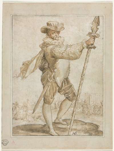 Oficer trzymający włócznię dzika autorstwa Hendrick Goltzius