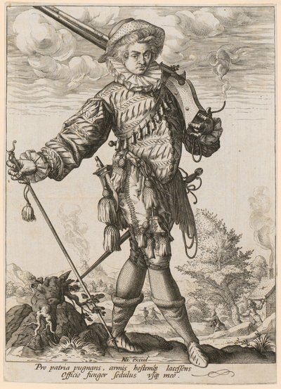 Stojący landsknecht z muszkietem i piką autorstwa Hendrick Goltzius