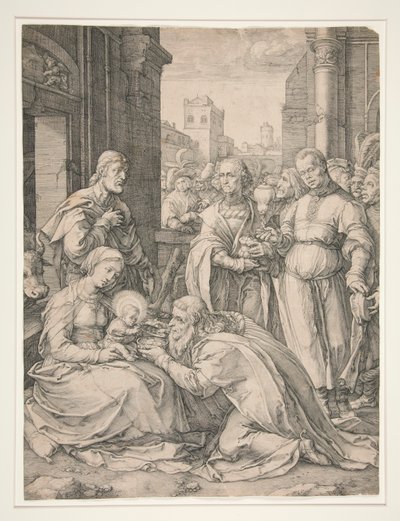 Adoracja Trzech Króli z cyklu Narodziny i wczesne życie Chrystusa autorstwa Hendrick Goltzius