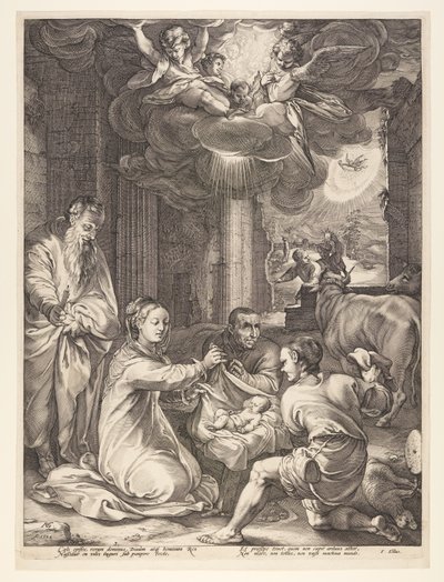 Adoracja pasterzy, z Narodzin i wczesnego życia Chrystusa autorstwa Hendrick Goltzius