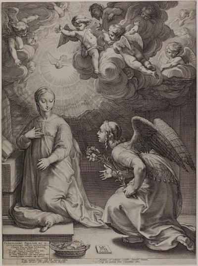 Zwiastowanie, płyta pierwsza z Narodzin i wczesnego życia Chrystusa autorstwa Hendrick Goltzius