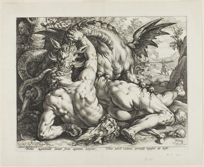 Smok pożerający towarzyszy Kadmusa autorstwa Hendrick Goltzius