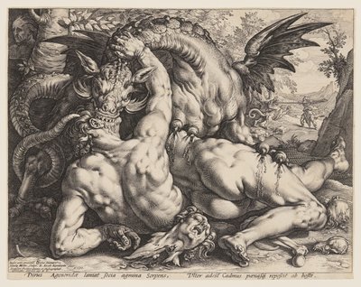 Smok pożerający towarzyszy Kadmosa autorstwa Hendrick Goltzius
