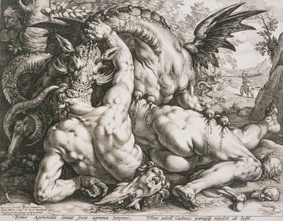 Smok pożerający towarzyszy Kadmosa autorstwa Hendrick Goltzius