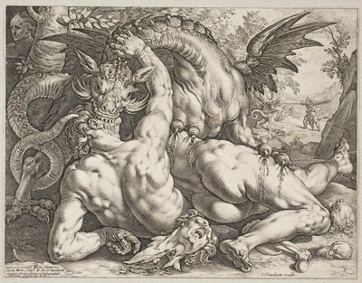 Smok pożerający towarzyszy Kadmusa autorstwa Hendrick Goltzius